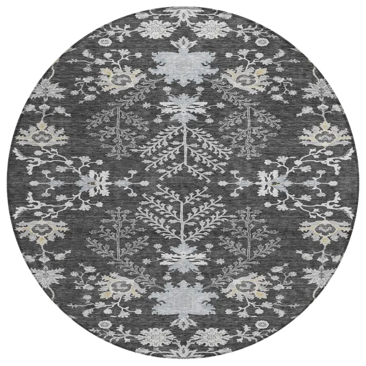 8' Charcoal Gray And Beige Round Floral Washable Indoor Outdoor Area Rug