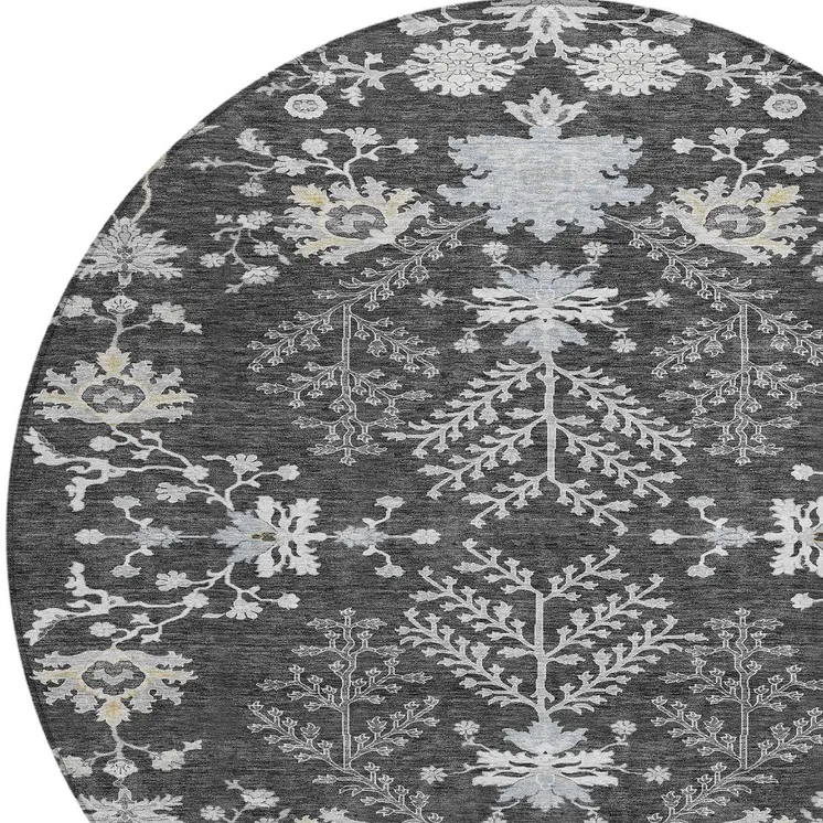 8' Charcoal Gray And Beige Round Floral Washable Indoor Outdoor Area Rug