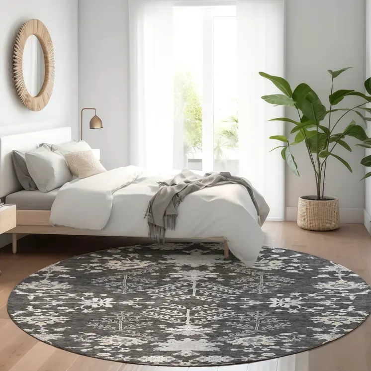 8' Charcoal Gray And Beige Round Floral Washable Indoor Outdoor Area Rug