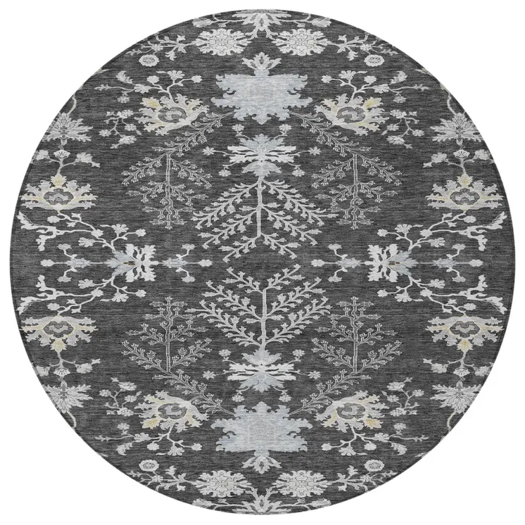 8' Charcoal Gray And Beige Round Floral Washable Indoor Outdoor Area Rug