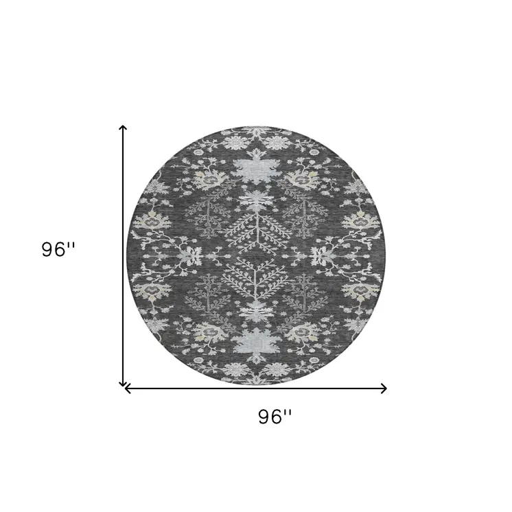 8' Charcoal Gray And Beige Round Floral Washable Indoor Outdoor Area Rug