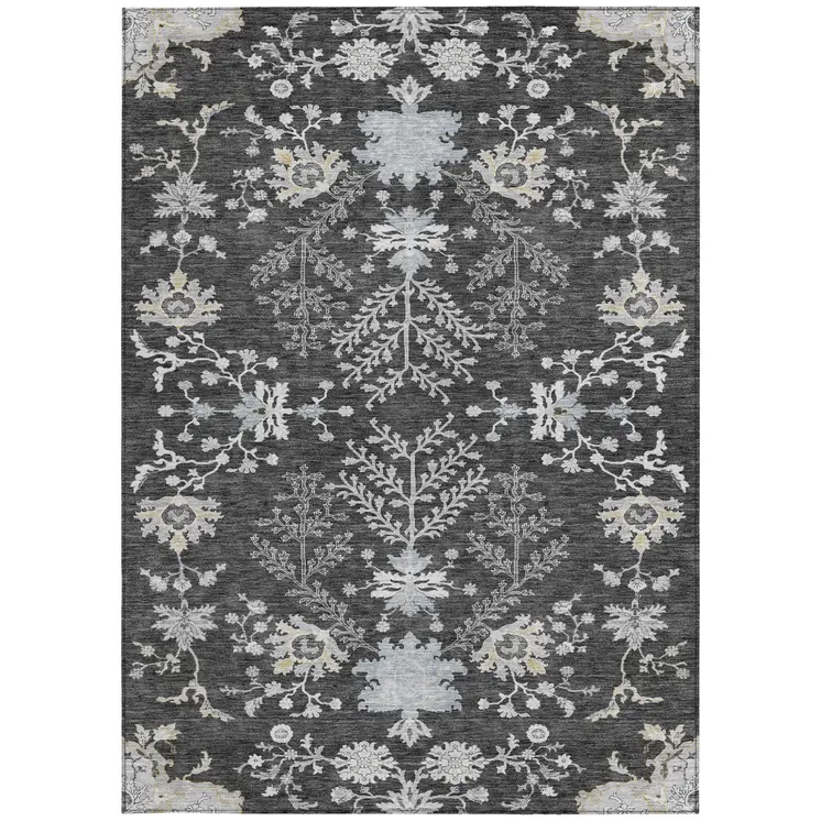 10' X 14' Charcoal Gray And Beige Floral Washable Indoor Outdoor Area Rug