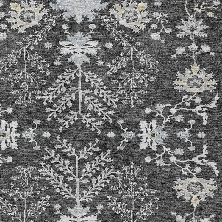 10' X 14' Charcoal Gray And Beige Floral Washable Indoor Outdoor Area Rug