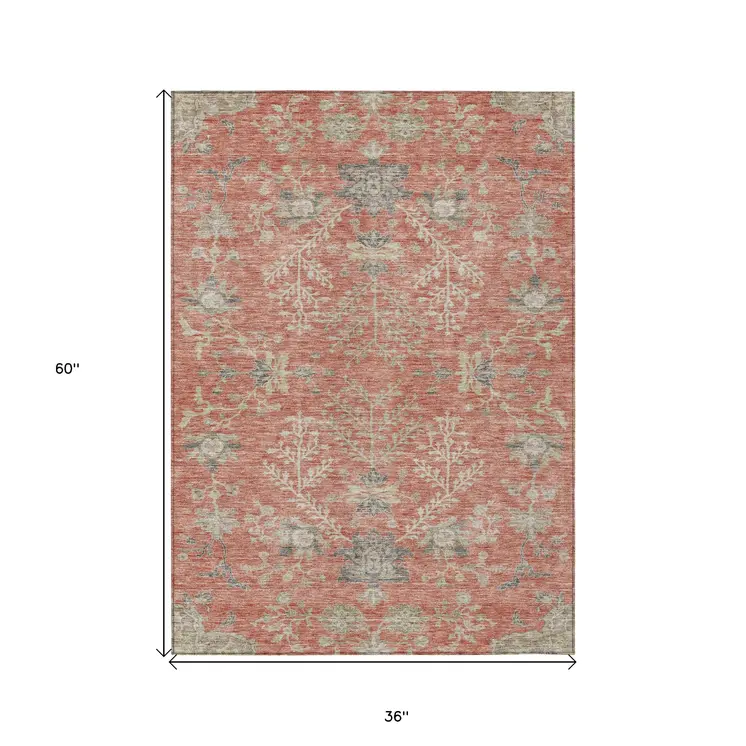 3' X 5' Coral Charcoal And Gray Floral Washable Indoor Outdoor Area Rug