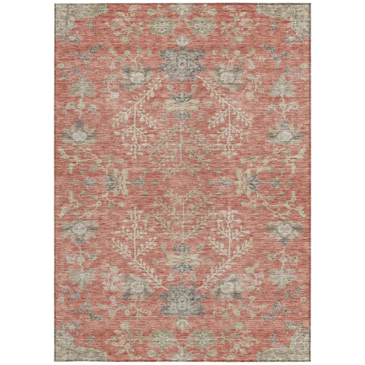 5' X 8' Coral Charcoal And Gray Floral Washable Indoor Outdoor Area Rug
