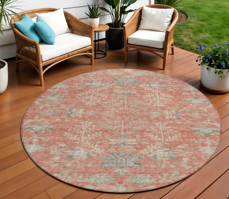 8' Coral Charcoal And Gray Round Floral Washable Indoor Outdoor Area Rug