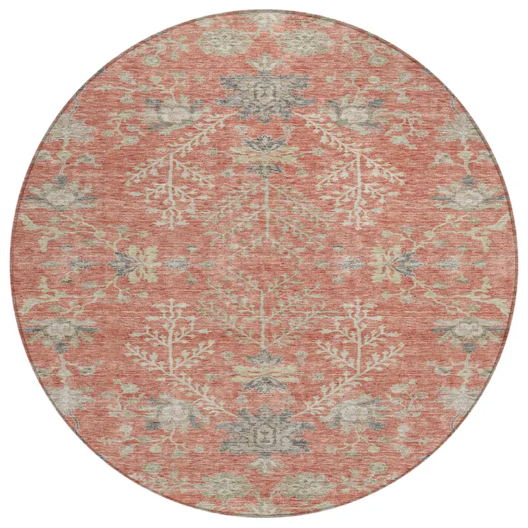 8' Coral Charcoal And Gray Round Floral Washable Indoor Outdoor Area Rug