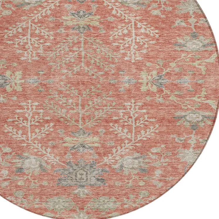 8' Coral Charcoal And Gray Round Floral Washable Indoor Outdoor Area Rug