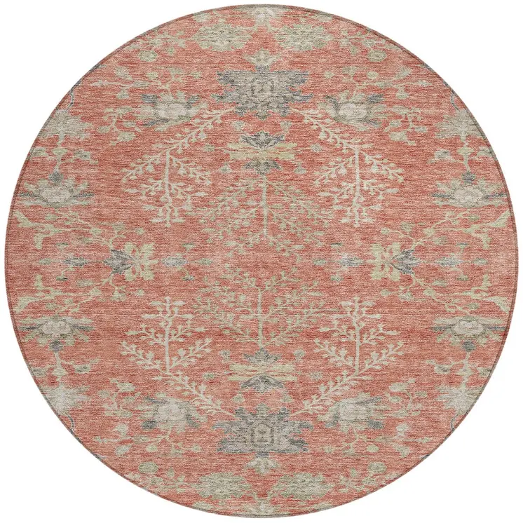 8' Coral Charcoal And Gray Round Floral Washable Indoor Outdoor Area Rug