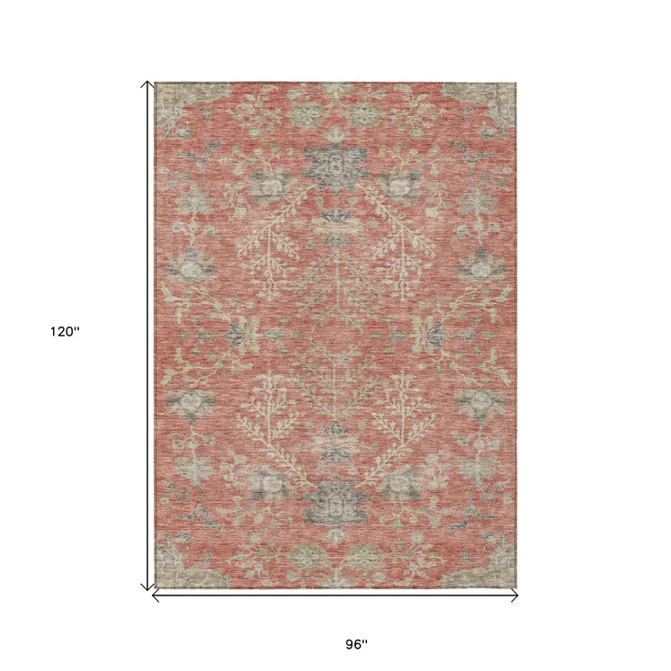 8' X 10' Coral Charcoal And Gray Floral Washable Indoor Outdoor Area Rug