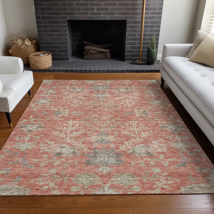 8' X 10' Coral Charcoal And Gray Floral Washable Indoor Outdoor Area Rug