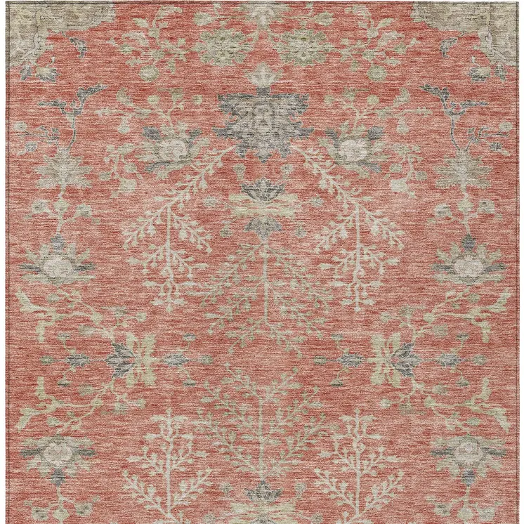 10' X 14' Coral Charcoal And Gray Floral Washable Indoor Outdoor Area Rug