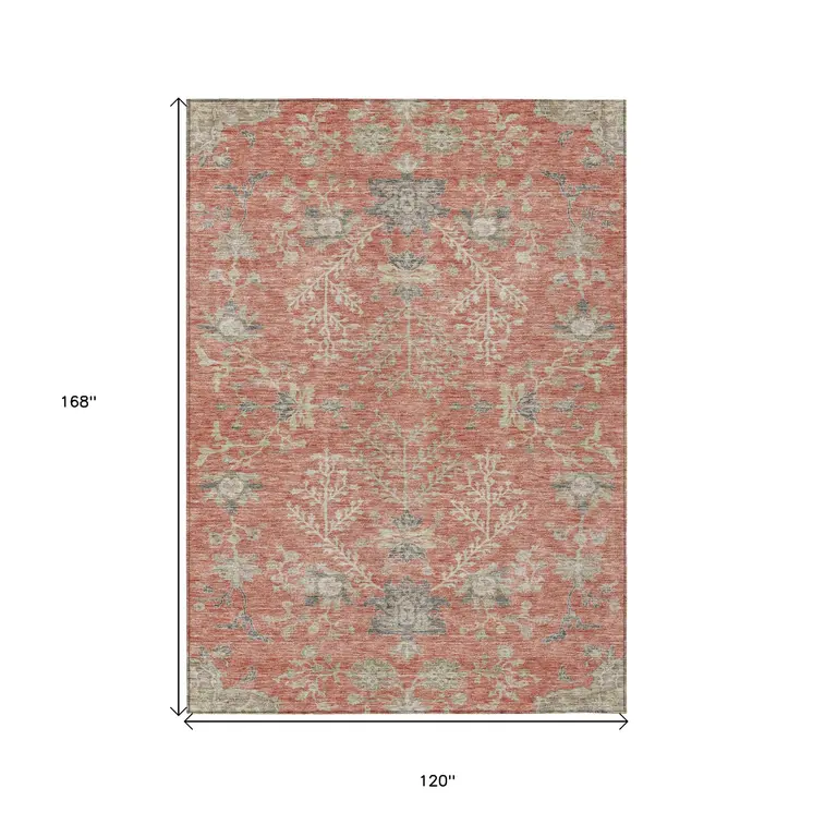 10' X 14' Coral Charcoal And Gray Floral Washable Indoor Outdoor Area Rug