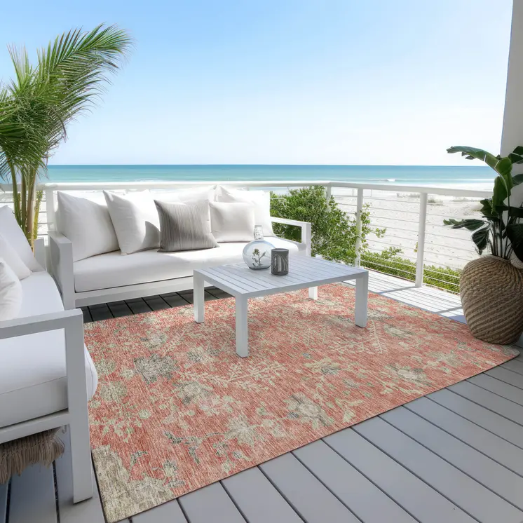 10' X 14' Coral Charcoal And Gray Floral Washable Indoor Outdoor Area Rug