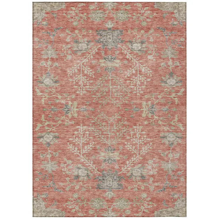 10' X 14' Coral Charcoal And Gray Floral Washable Indoor Outdoor Area Rug