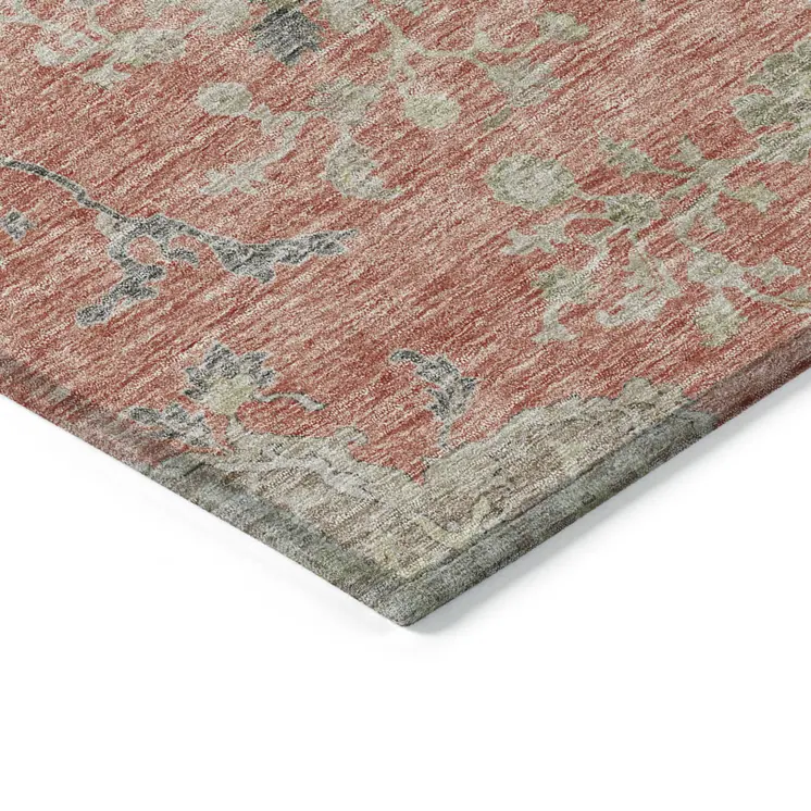 10' X 14' Coral Charcoal And Gray Floral Washable Indoor Outdoor Area Rug