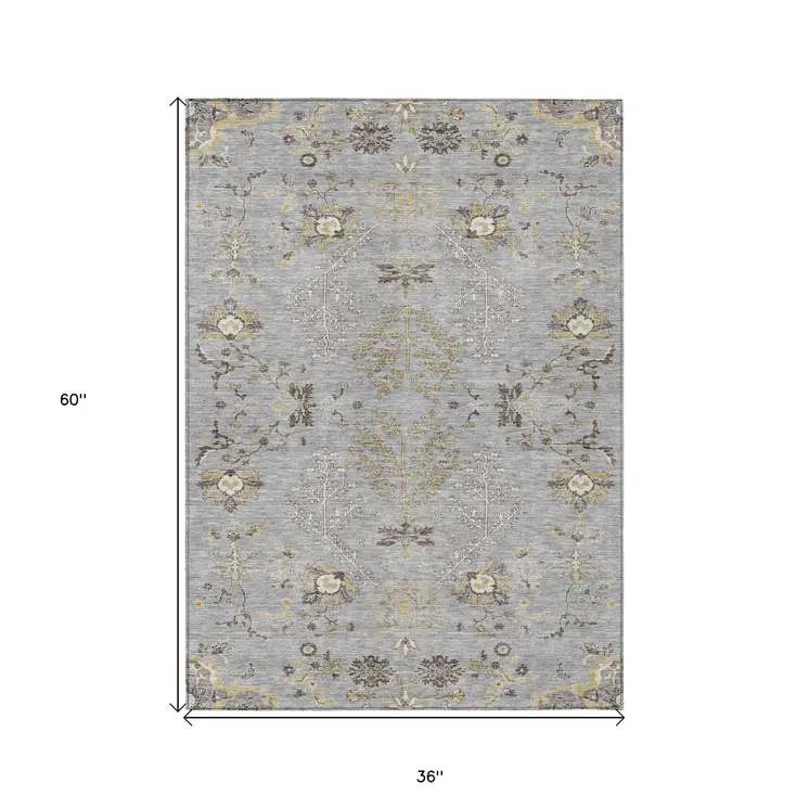 3' X 5' Gray Beige And Ivory Floral Washable Indoor Outdoor Area Rug