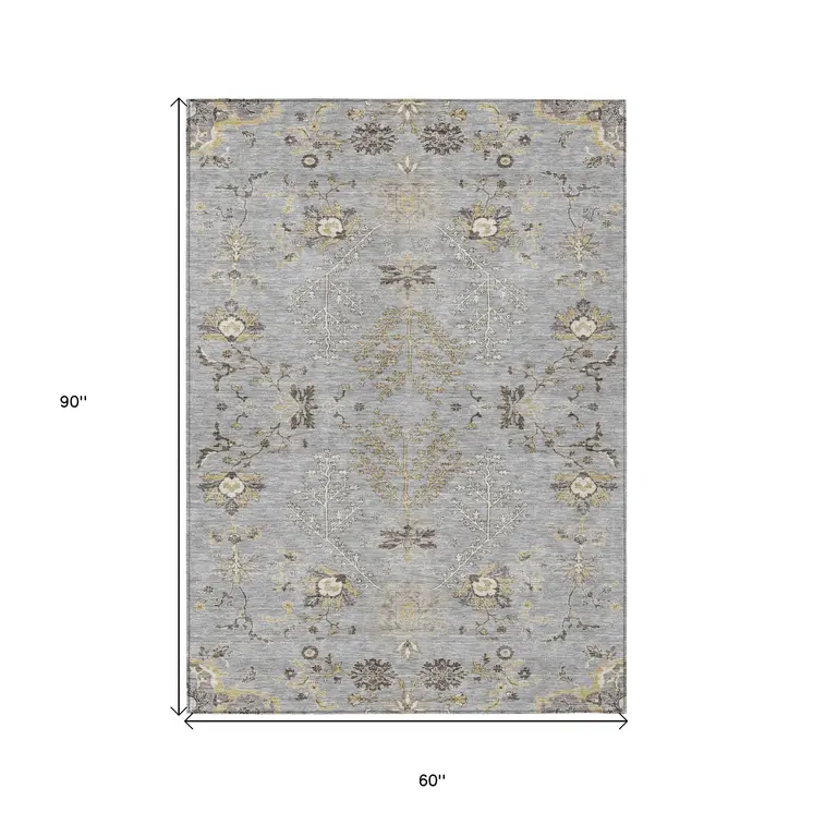 5' X 8' Gray Beige And Ivory Floral Washable Indoor Outdoor Area Rug