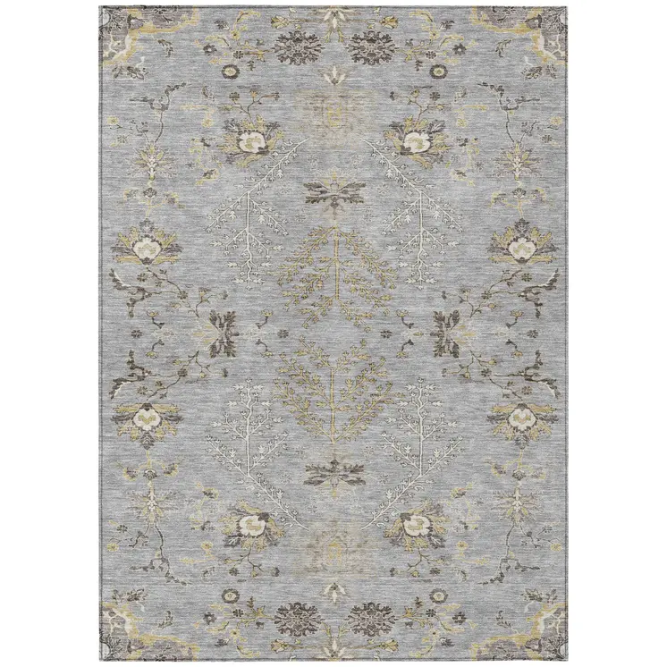 5' X 8' Gray Beige And Ivory Floral Washable Indoor Outdoor Area Rug