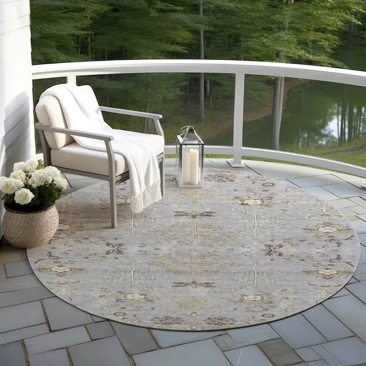 8' Gray Beige And Ivory Round Floral Washable Indoor Outdoor Area Rug