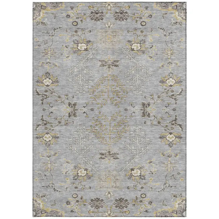 9' X 12' Gray Beige And Ivory Floral Washable Indoor Outdoor Area Rug