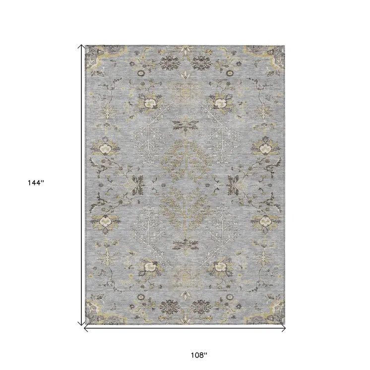 9' X 12' Gray Beige And Ivory Floral Washable Indoor Outdoor Area Rug