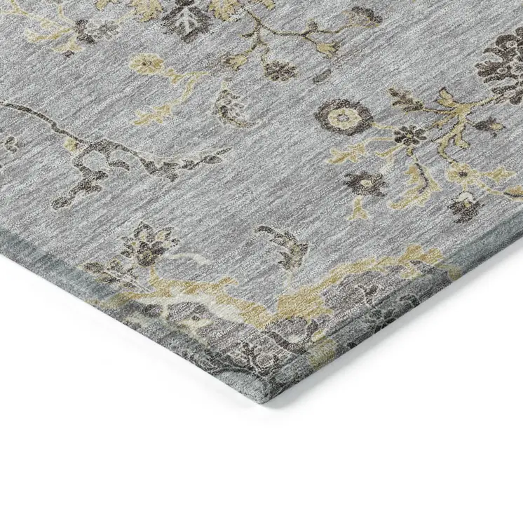 9' X 12' Gray Beige And Ivory Floral Washable Indoor Outdoor Area Rug