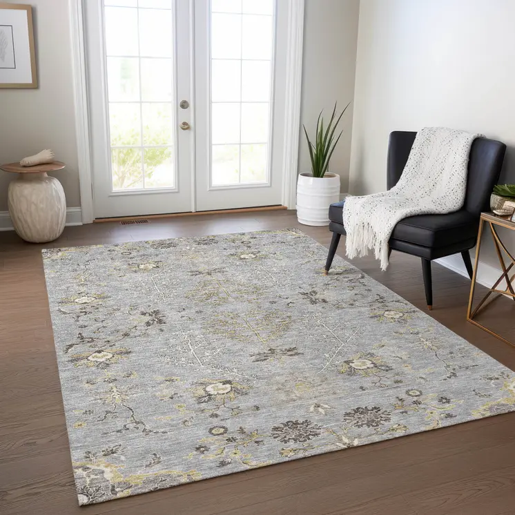 9' X 12' Gray Beige And Ivory Floral Washable Indoor Outdoor Area Rug