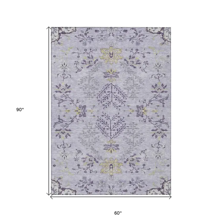 5' X 8' Lavender Purple And Gray Floral Washable Indoor Outdoor Area Rug