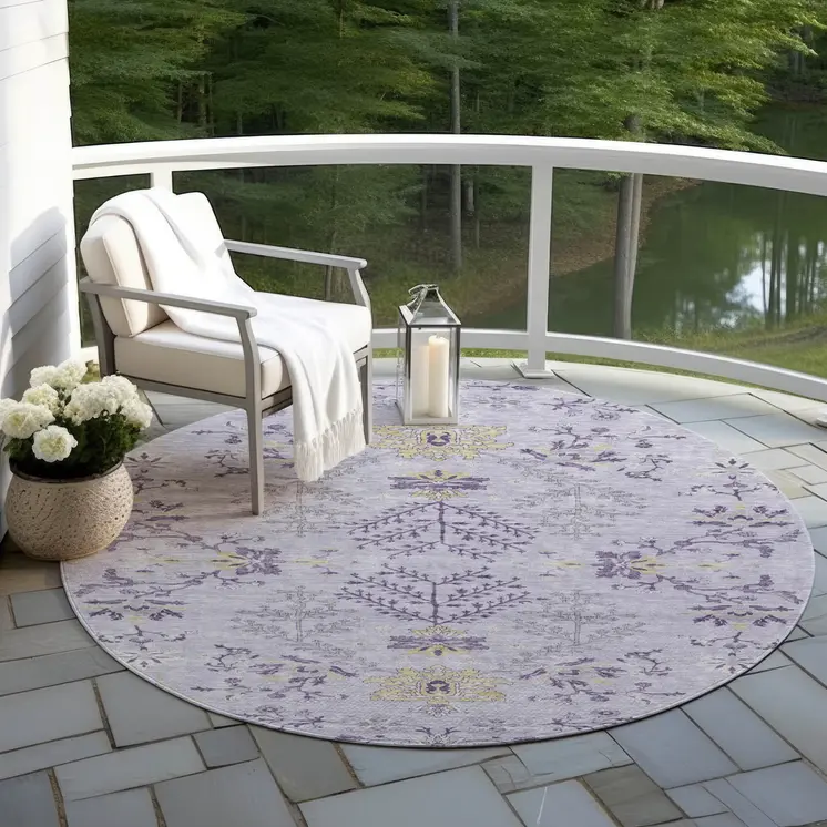 8' Lavender Purple And Gray Round Floral Washable Indoor Outdoor Area Rug