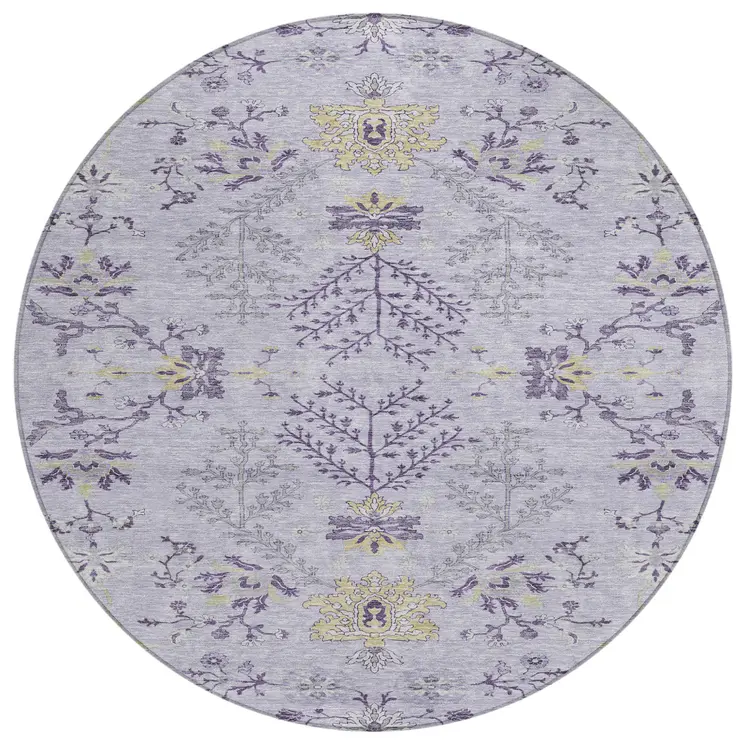 8' Lavender Purple And Gray Round Floral Washable Indoor Outdoor Area Rug