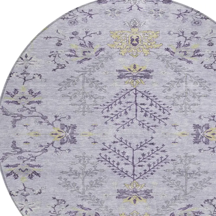 8' Lavender Purple And Gray Round Floral Washable Indoor Outdoor Area Rug