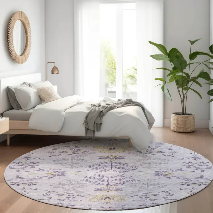 8' Lavender Purple And Gray Round Floral Washable Indoor Outdoor Area Rug
