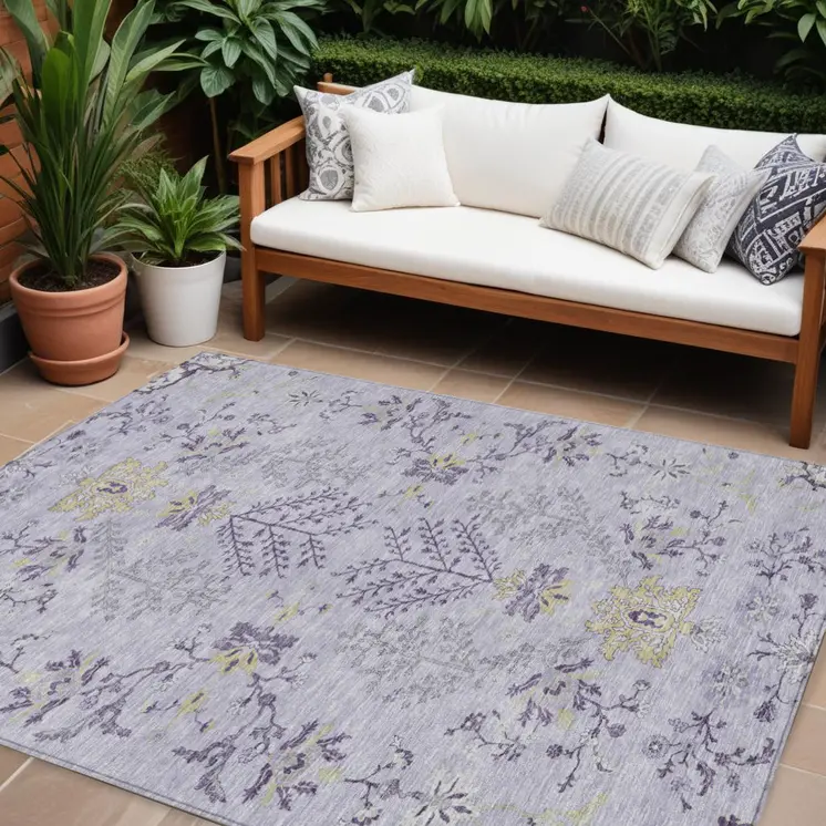 8' X 10' Lavender Purple And Gray Floral Washable Indoor Outdoor Area Rug