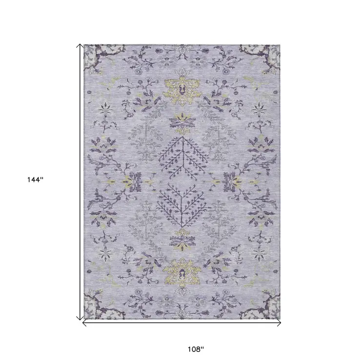 9' X 12' Lavender Purple And Gray Floral Washable Indoor Outdoor Area Rug
