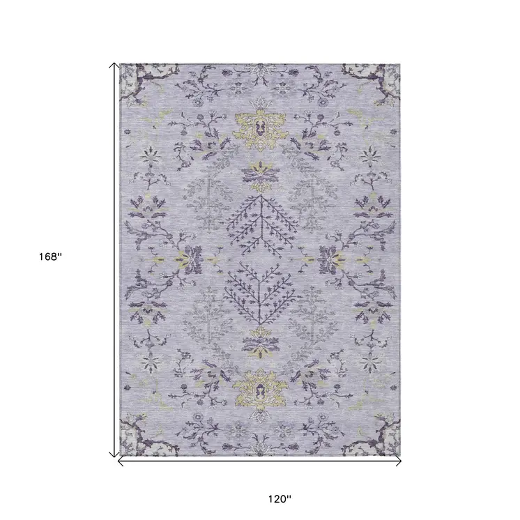 10' X 14' Lavender Purple And Gray Floral Washable Indoor Outdoor Area Rug
