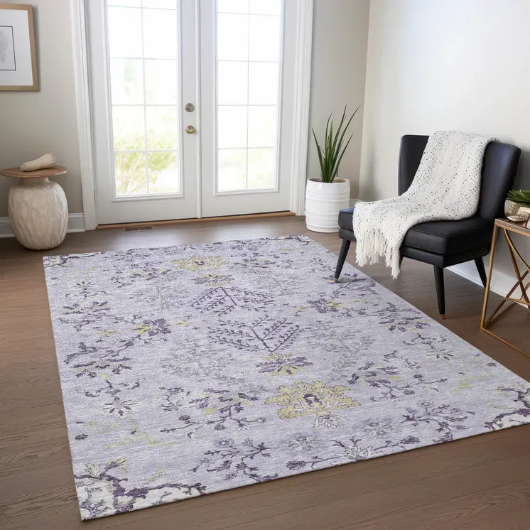 10' X 14' Lavender Purple And Gray Floral Washable Indoor Outdoor Area Rug