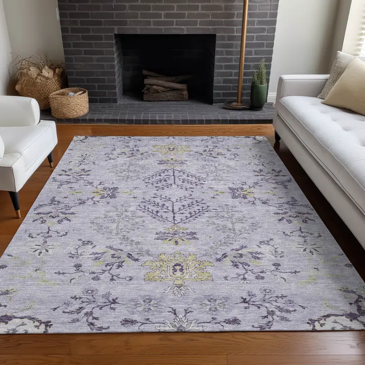 10' X 14' Lavender Purple And Gray Floral Washable Indoor Outdoor Area Rug