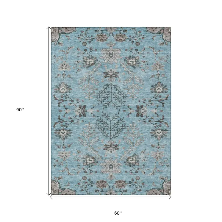 5' X 8' Sky Blue Gray And Charcoal Floral Washable Indoor Outdoor Area Rug