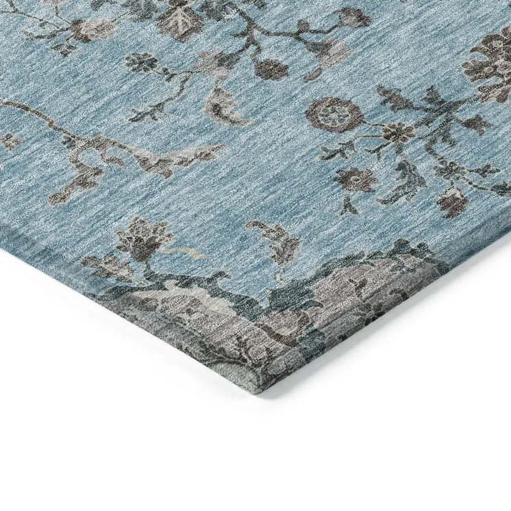 5' X 8' Sky Blue Gray And Charcoal Floral Washable Indoor Outdoor Area Rug