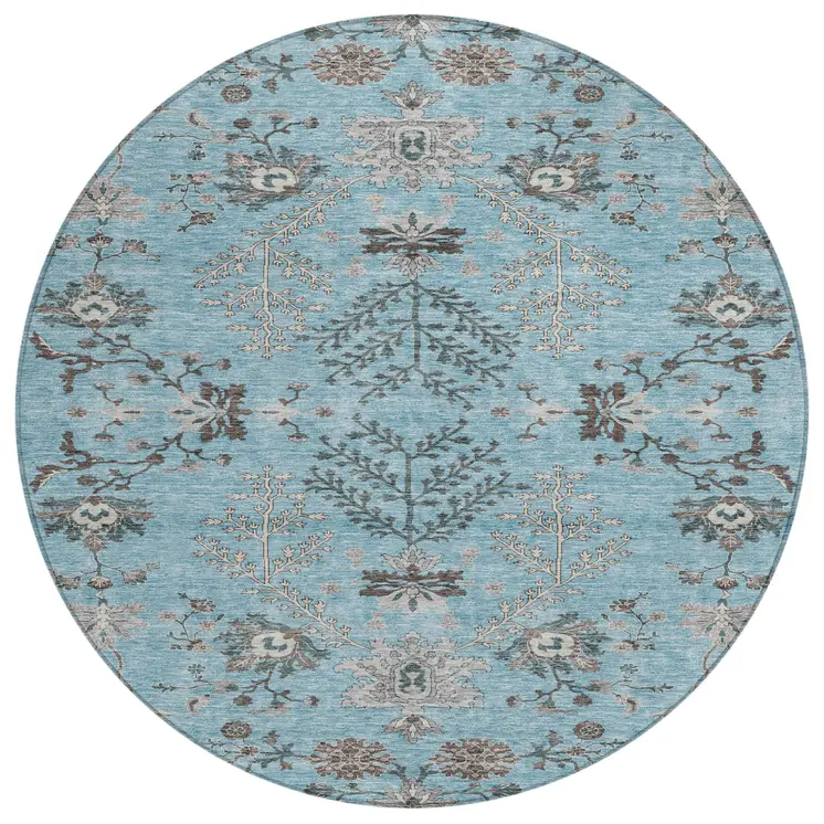 8' Sky Blue Gray And Charcoal Round Floral Washable Indoor Outdoor Area Rug