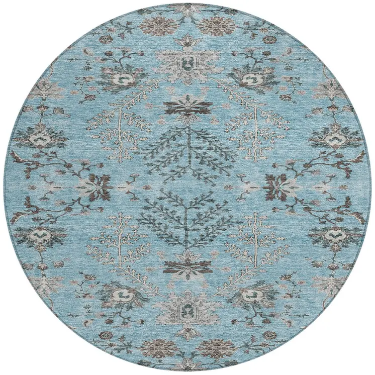 8' Sky Blue Gray And Charcoal Round Floral Washable Indoor Outdoor Area Rug