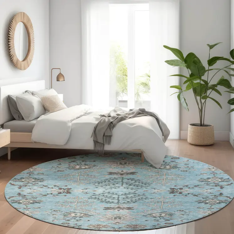 8' Sky Blue Gray And Charcoal Round Floral Washable Indoor Outdoor Area Rug