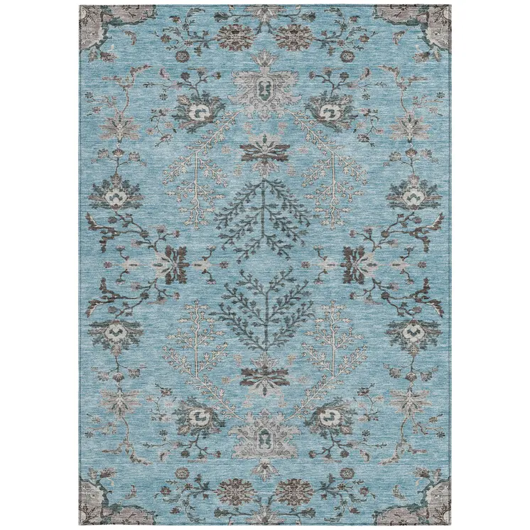 9' X 12' Sky Blue Gray And Charcoal Floral Washable Indoor Outdoor Area Rug