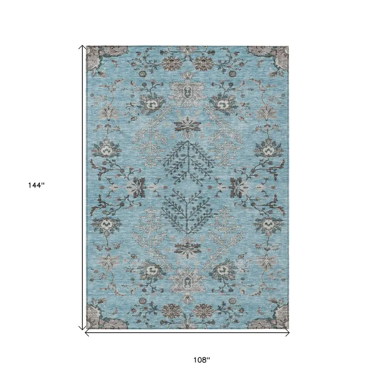 9' X 12' Sky Blue Gray And Charcoal Floral Washable Indoor Outdoor Area Rug