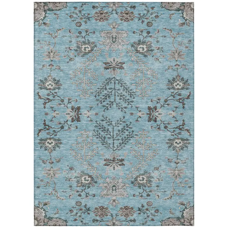 9' X 12' Sky Blue Gray And Charcoal Floral Washable Indoor Outdoor Area Rug