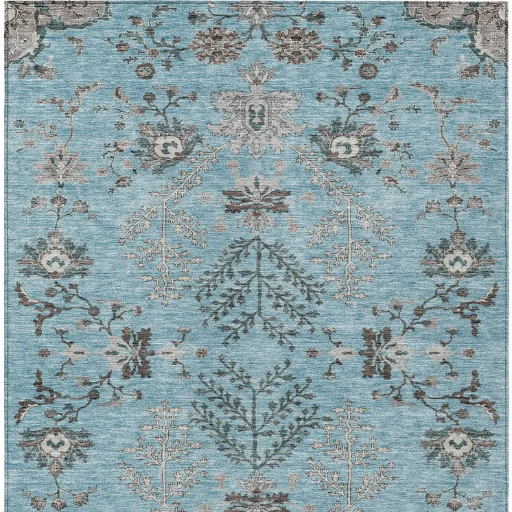 10' X 14' Sky Blue Gray And Charcoal Floral Washable Indoor Outdoor Area Rug
