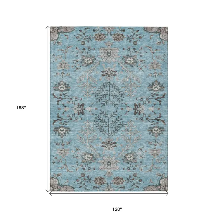 10' X 14' Sky Blue Gray And Charcoal Floral Washable Indoor Outdoor Area Rug