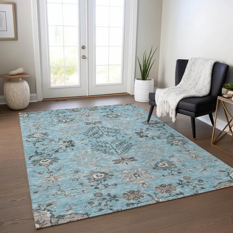 10' X 14' Sky Blue Gray And Charcoal Floral Washable Indoor Outdoor Area Rug