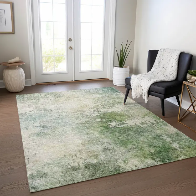 3' X 5' Artichoke Green And Ivory Abstract Washable Indoor Outdoor Area Rug